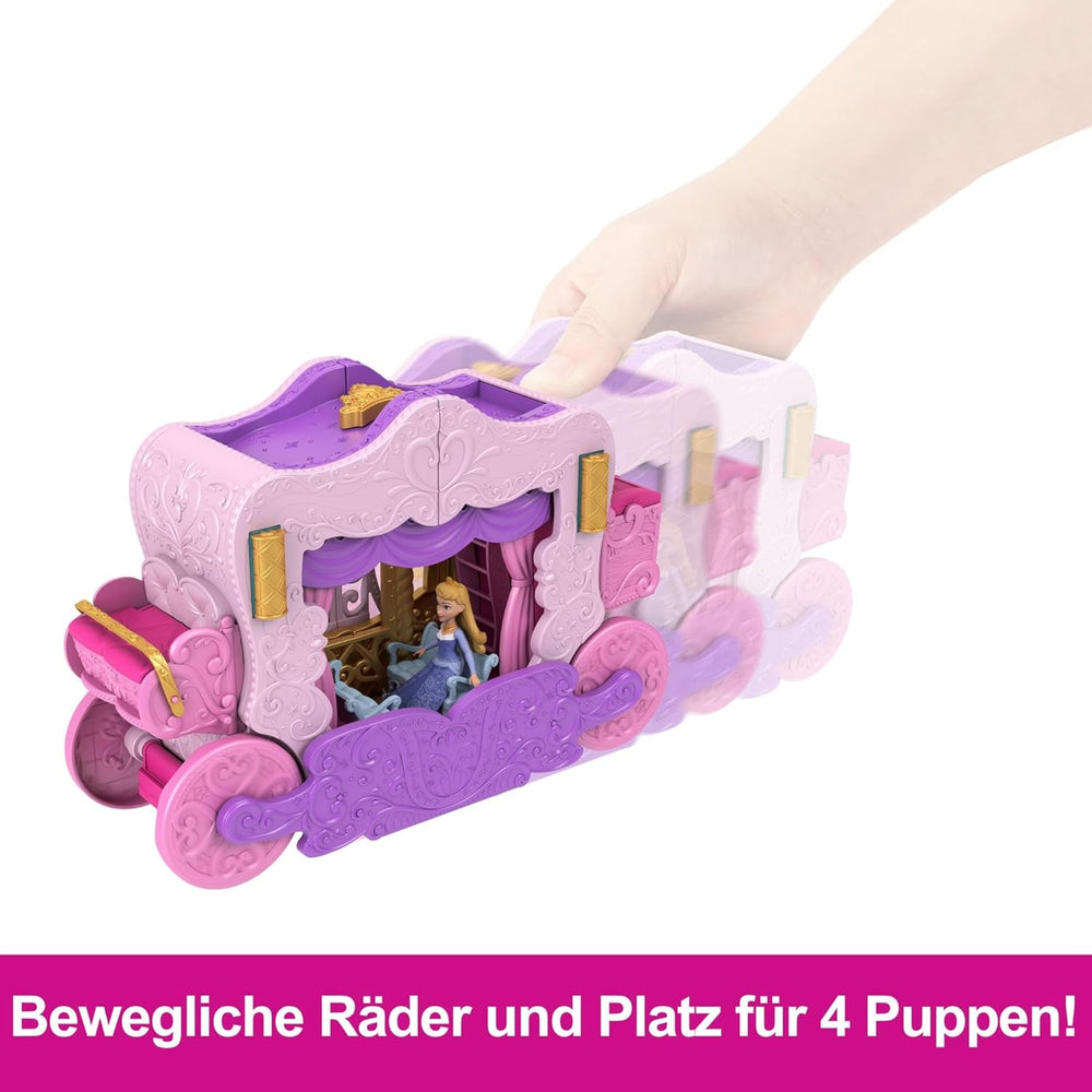 Mattel Disney Princess Transformation Playset Carriage to Castle cu păpușă mică Aurora, 3 niveluri, 6 zone de joacă, 4 figurine, mobilier și accesorii HWX17