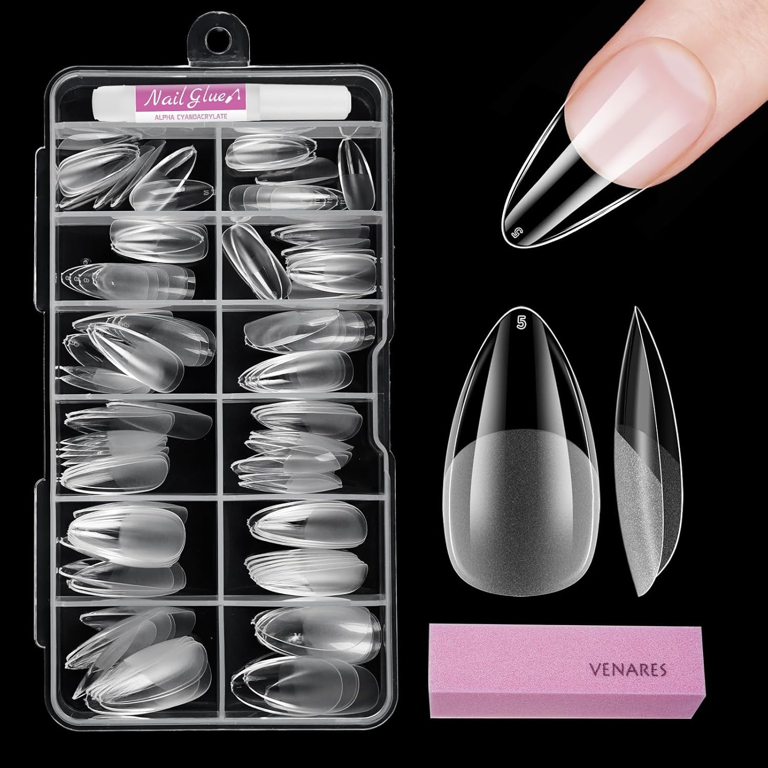 Tipuri de unghii pentru unghii cu gel, set 120 bucăți unghii artificiale scurte, culoare migdale, 11 dimensiuni unghii cu gel, tipuri de unghii cu lipici, bloc de buffer pentru unghii