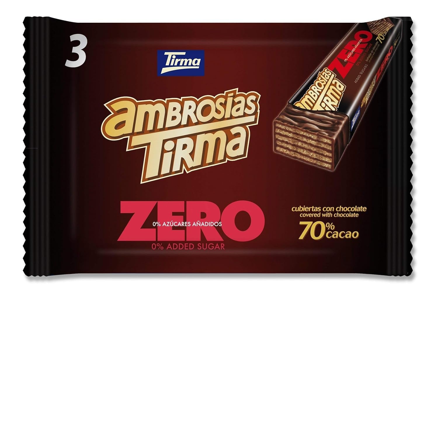 Napolitane cu ciocolată neagră Tirma 70% cacao | Fără zahăr adăugat | Potrivite pentru dietele keto | Conținut scăzut de carbohidrați | Pentru diabetici | Pachet multiplu de napolitane cu ciocolată | 3 bucăți | 64,5 g