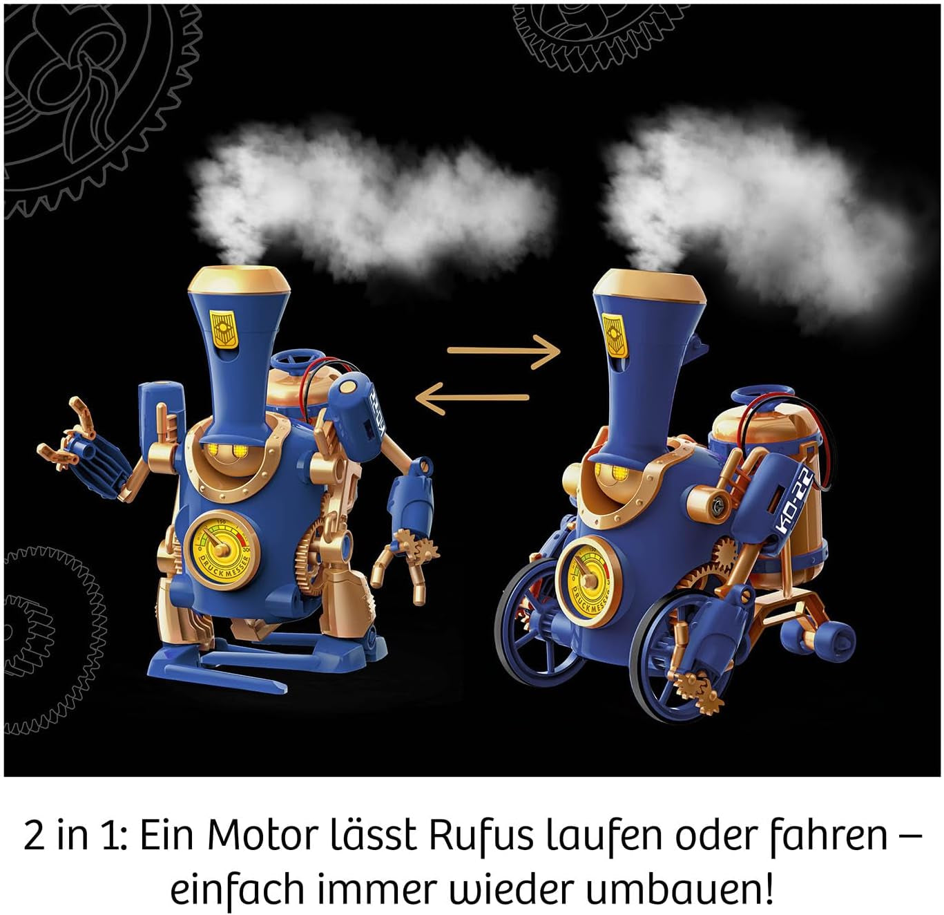 KOSMOS 621131 Rufus - Dein Dampf-Roboter, 3 Modi: Roboter, Zug, dampfende Steampunk-Maschine, mit Ultraschall-Technik, Roboter-Spielzeug für Kinder ab 8-12 Jahre, Bausatz, Experimentierkasten, Mint