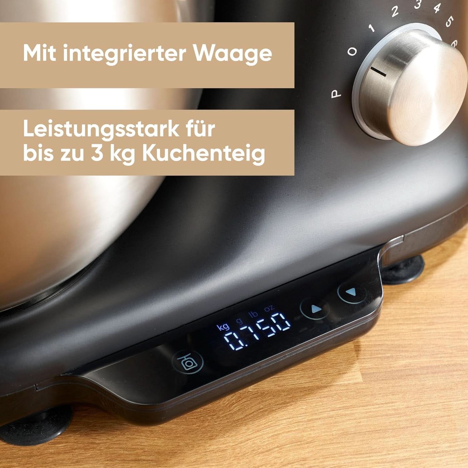 SEVERIN Küchenmaschine Mit Waage, Große Knetmaschine Für Bis Zu 3 Kg Kuchenteig, Robuste Teigmaschine Mit Knethaken, Flachrührer Und Schneebesen, 1.000 W, Schwarz, Matt, Edelstahl, KM 3898 Mutter und Kind Naty Shop