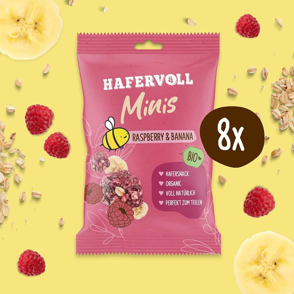 HAFERVOLL Minis Rapiță și Banană 8x 65g - Certificat organic, cu miere, fără zahăr adăugat, perfect pentru a fi împărțit