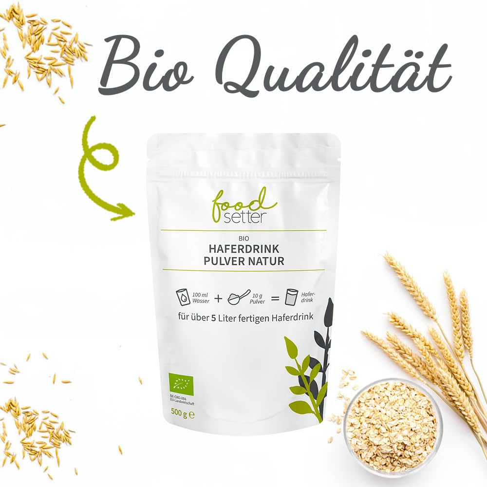 foodsetter Bio Haferdrink Pulver | 500g Beutel | Haferpulver | Instant-Haferpulver | Bio-Qualität | Vegan | Glutenfrei | Ohne Zuckerzusatz | 0,5 kg