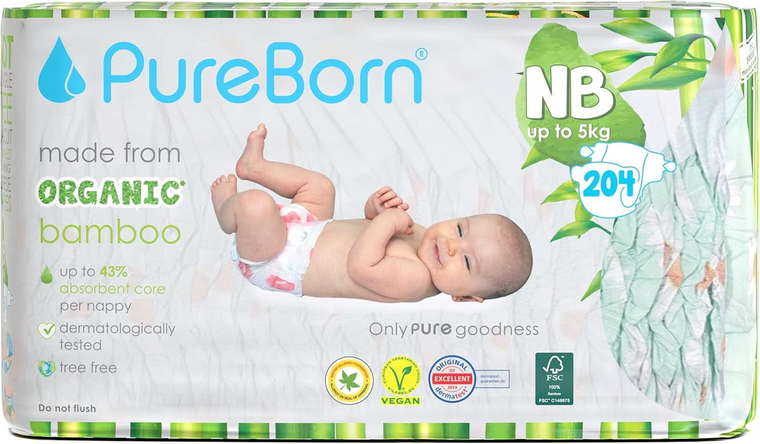 Scutece din bambus organic Pureborn Eco, marime pentru nou-nascuti pana la 5 kg, ultra-moale, hipoalergenice, cu indicator de umiditate, diverse imprimeuri Mama si Copilul Naty Shop Nou-nascut (204 buc)