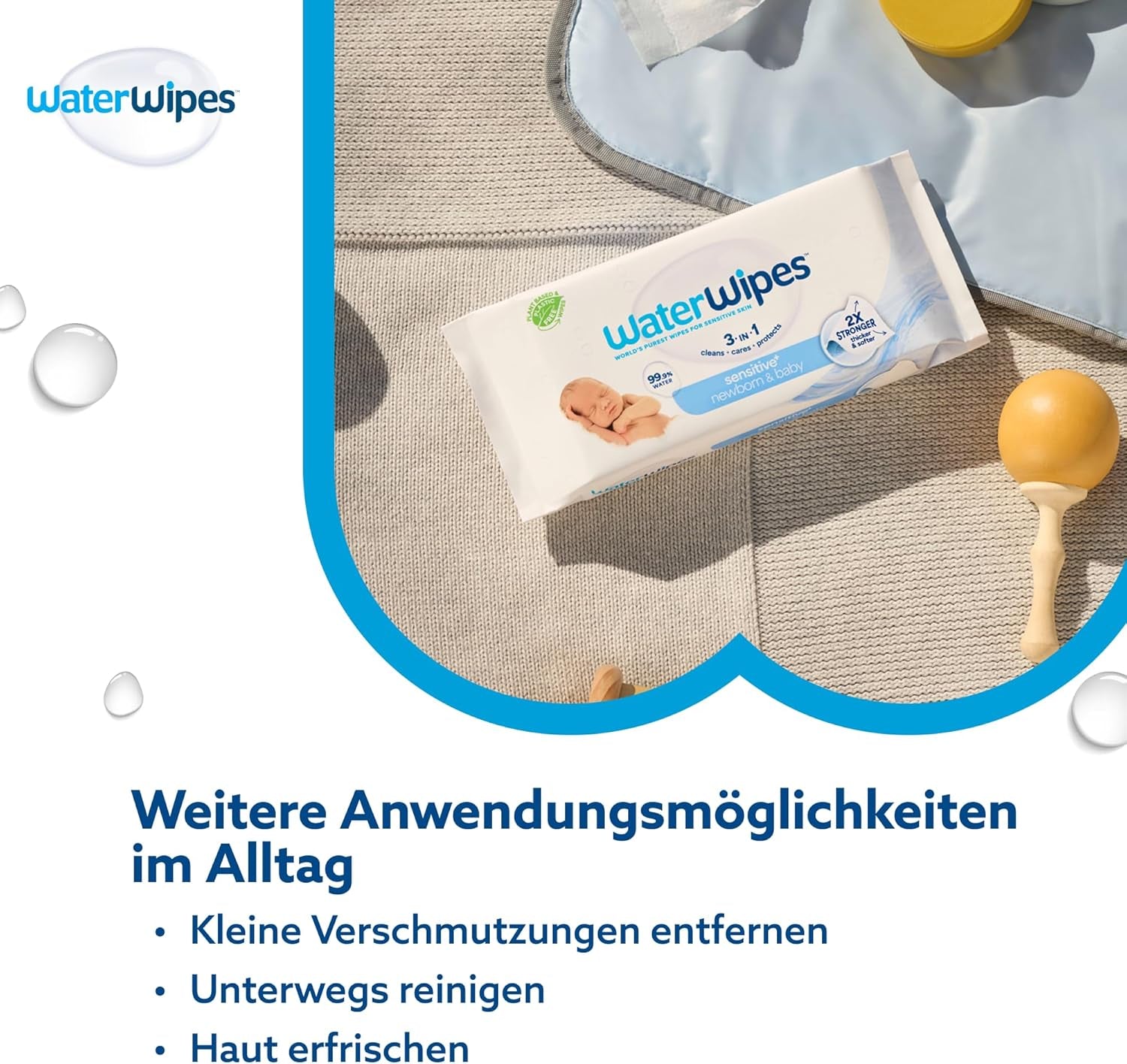 Șervețele umede WaterWipes Sensitive+ pentru nou-născuți și bebeluși, 540 bucăți (9 pachete), curățare, îngrijire, protecție 3 în 1, 99,9% apă, fără parfum