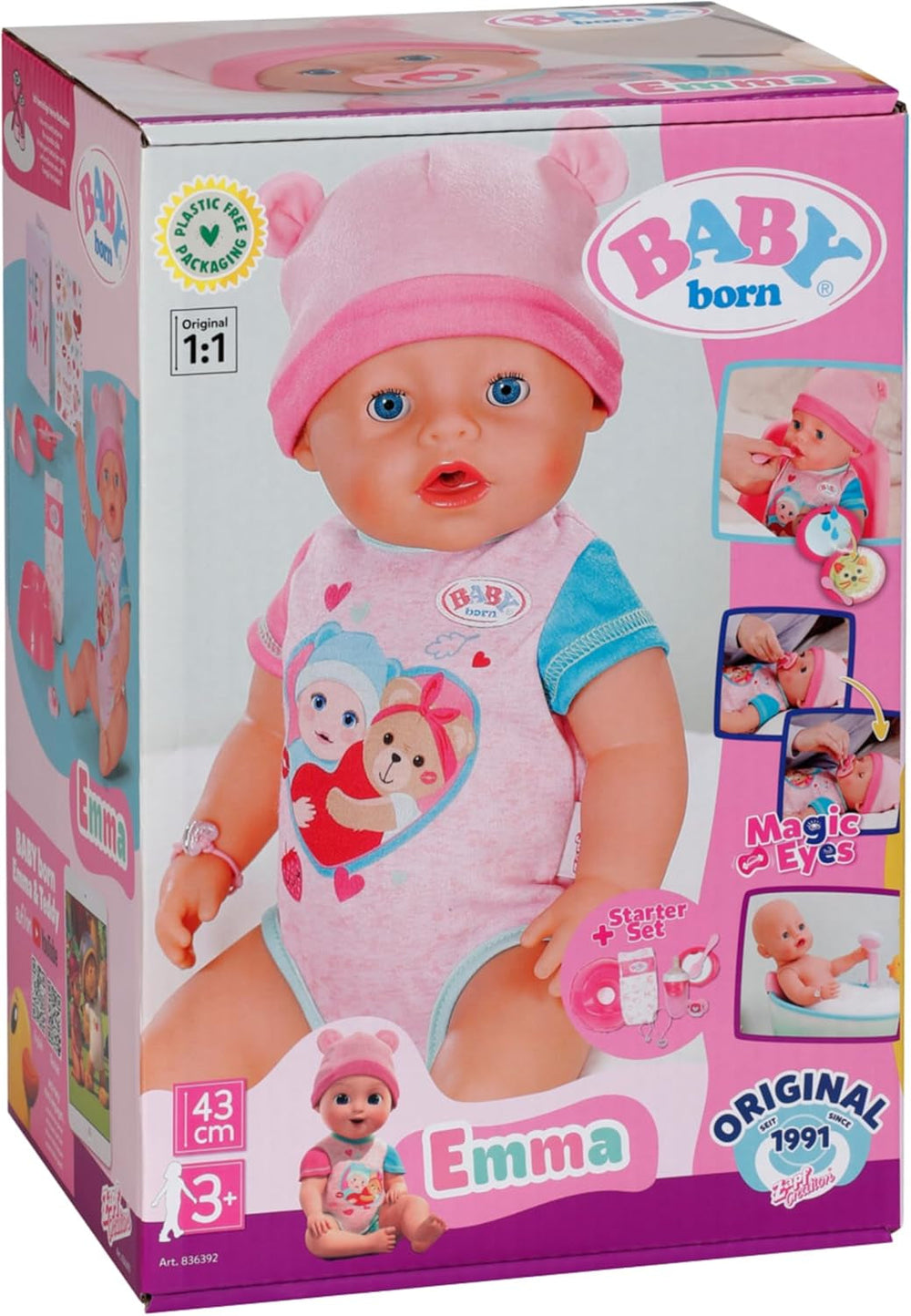 BABY Born Emma - păpușă bebeluș 43 cm - 10 funcții, inclusiv accesorii și saltea - Funcționează complet fără baterii - Potrivită pentru copii cu vârsta de 3 ani și peste
