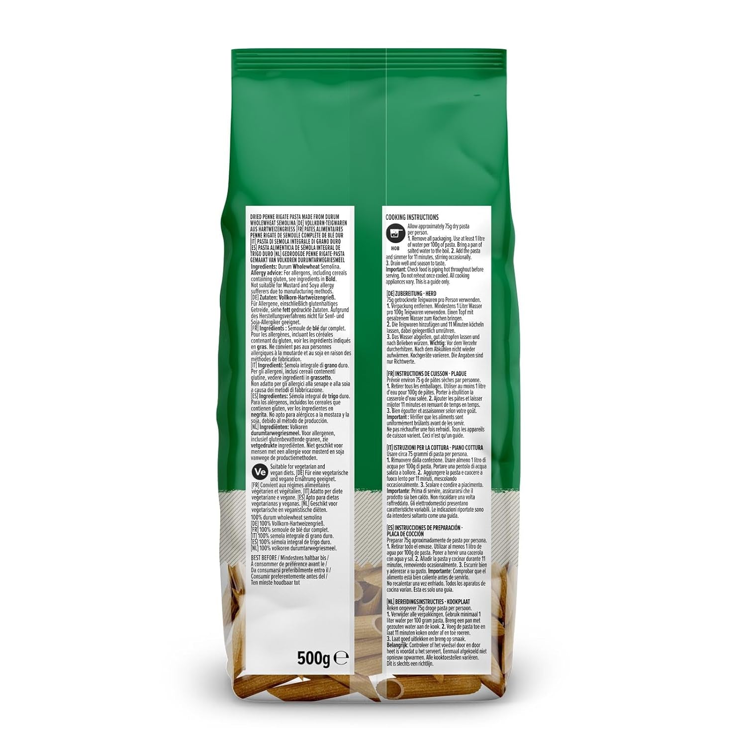 Penne Rigate din grâu integral de la Amazon, 500g