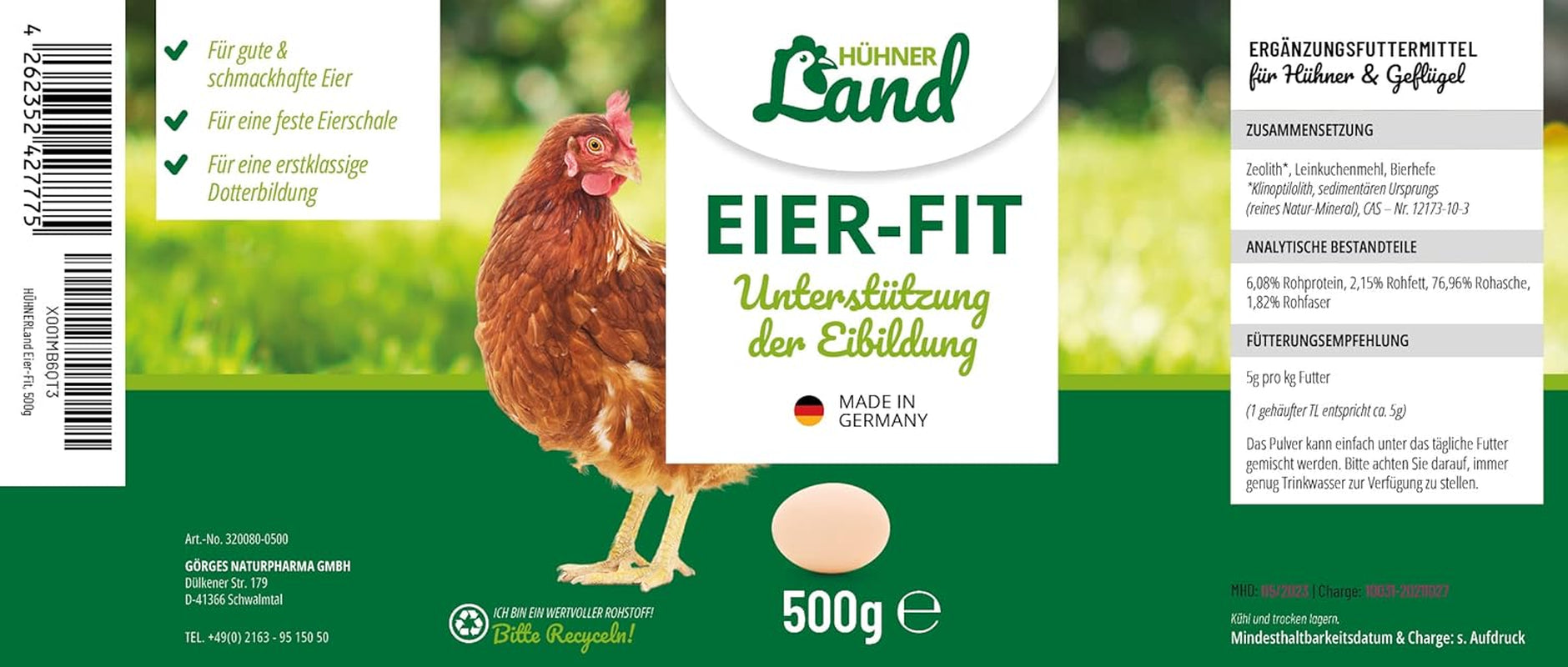 HÜHNER Land Eier-Fit für Legehennen 500g - Futterergänzung für Hühner, Legeleistung Zusatz für Hühner, Zusatz Eier, Eibildung, kräftiger Dotter, stabile Schale, gesunde Eier, Vitamine