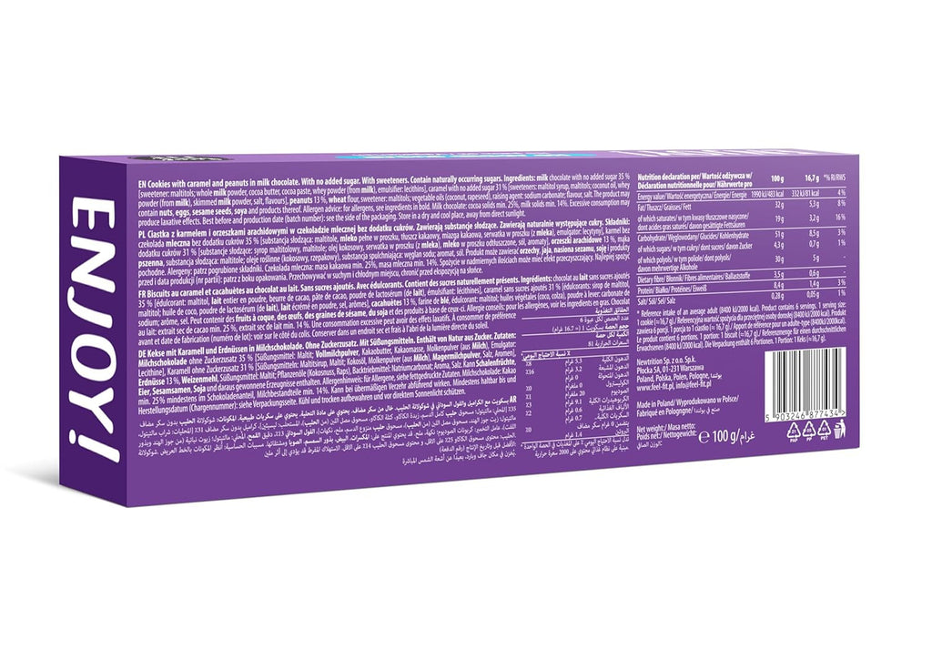 Simte-te în formă, savurează! Fursecuri cu arahide și caramel cu cremă de caramel și arahide în ciocolată cu lapte, fără zahăr adăugat și fără ulei de palmier, 100 g