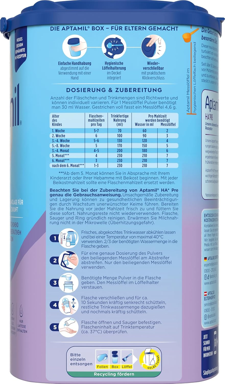 Aptamil HA PRE – Anfangsmilch von Geburt an, Mit DHA, Nur Laktose, Ohne Palmöl, Babynahrung, Milchpulver, 1x 800 g