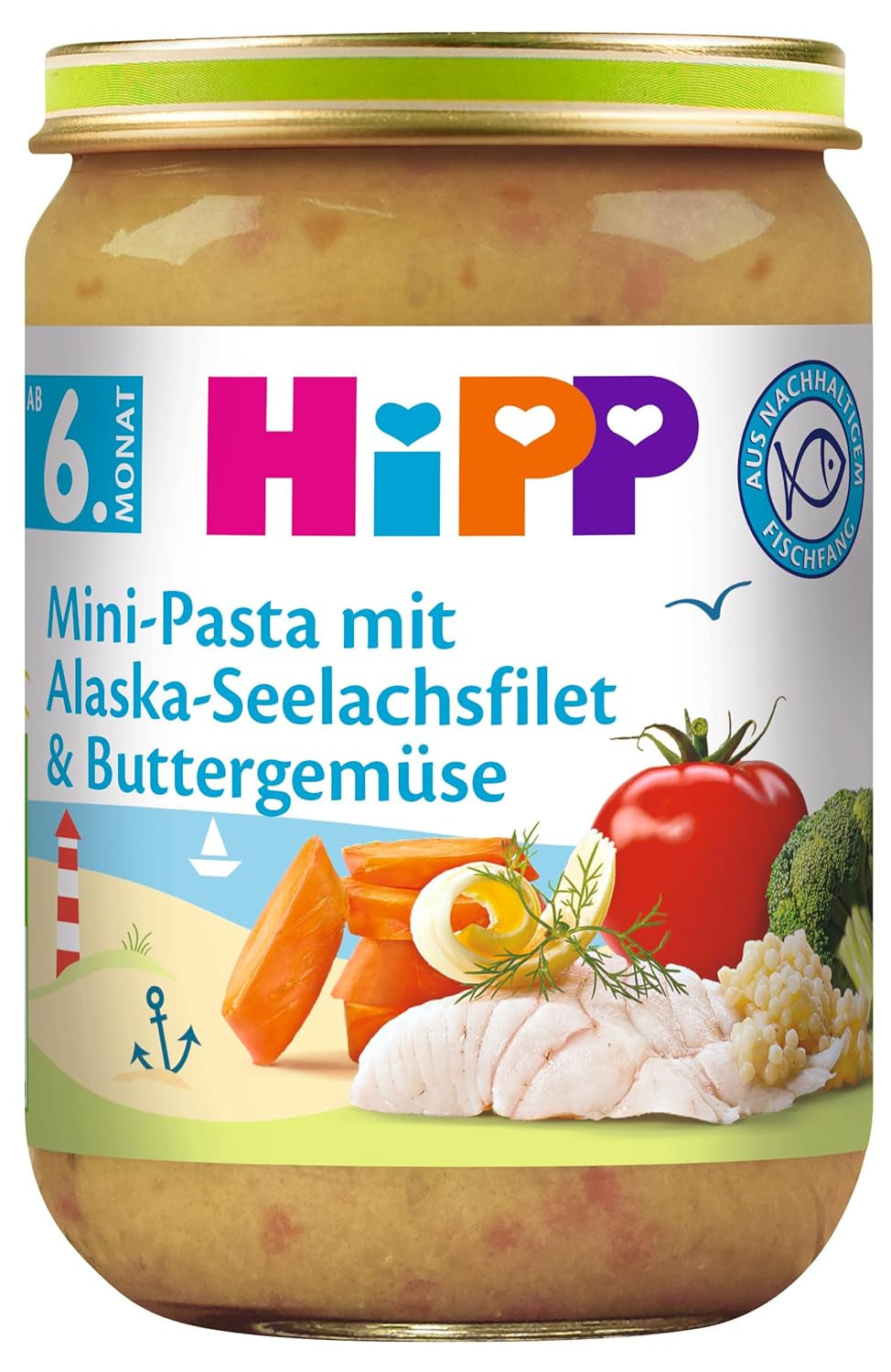 Mini paste HiPP cu file de Alaska Pollock și legume cu unt, pachet de 6 (6 x 190 g)