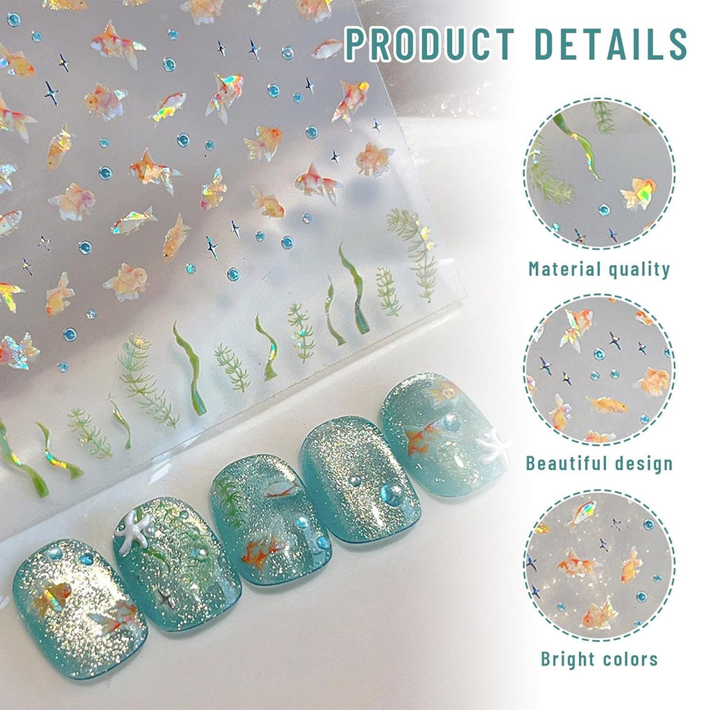 2 Stück Selbstklebende Nagelsticker Mit Muscheleffekt, Vierstrahlstern Und Goldfisch Design, Nagelaufkleber Für Fingernägel, Nail Art Zubehör Für Gelnägel