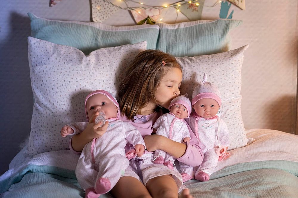 JC Toys La Baby Puppe mit weichem Körper, waschbar, magische Flasche und Schnuller, rosa und weiß, Blumenmuster, entworfen in Spanien, 2 Jahre