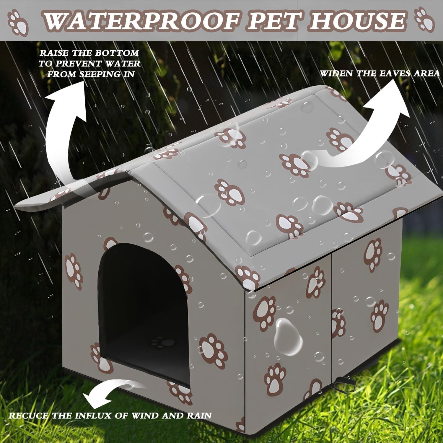 Katzenhaus für Draußen Winterfest und Wasserdicht, Faltbare Outdoor Katzenhöhle mit Abnehmbarem Kissen, Wetterfestes Tierheim für Streuner und Haustiere, Waschbar und Isoliert (Graue Katzenpfote, M)