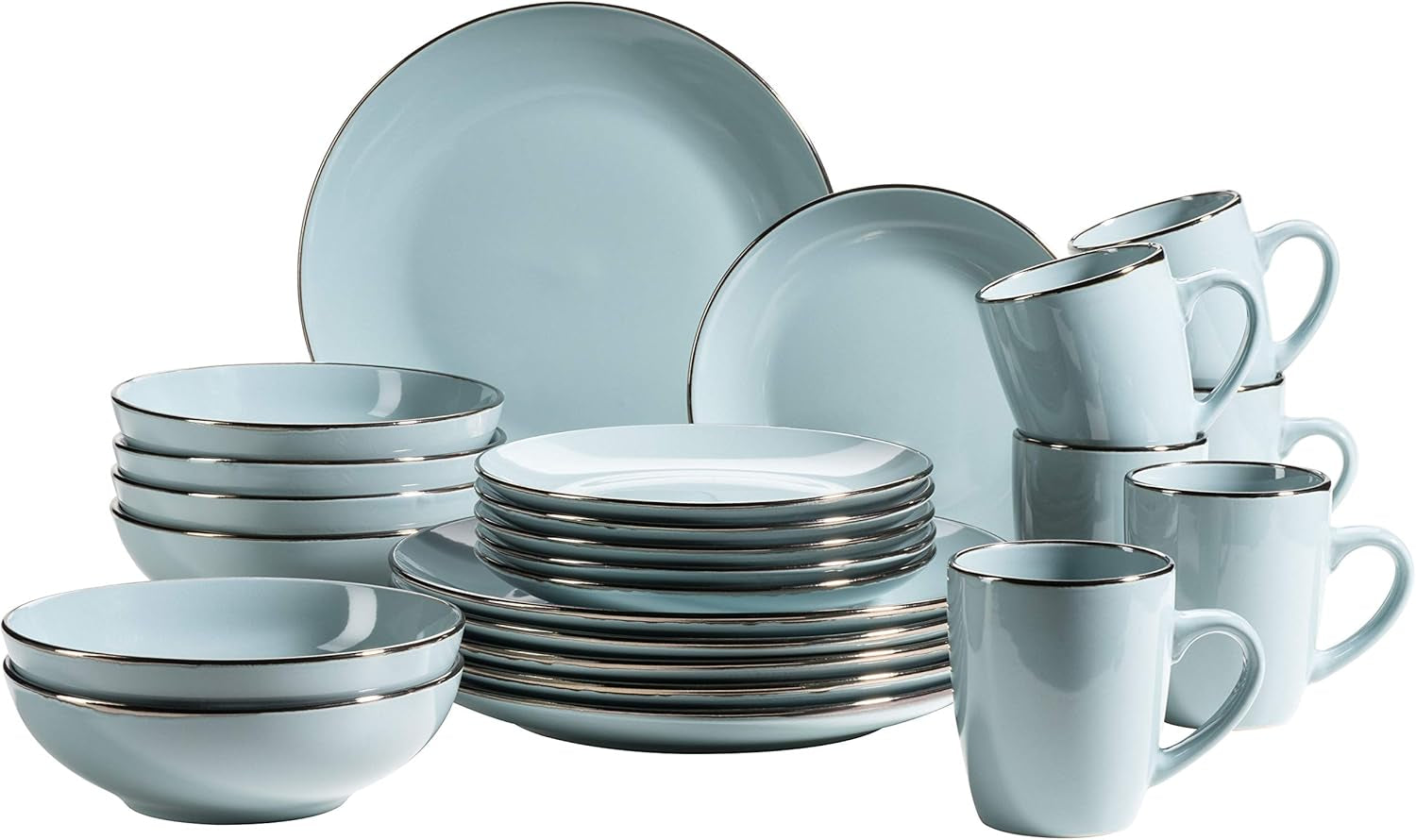 MÄSER Metallic Rim, Modernes Geschirr Set Für 4 Personen Mit Messingfarbenem Rand, 16-Teiliges Kombiservice Mit Randlosen Coupe-Formen, Steinzeug, Grau Tableware Sets Naty Shop Hellblau 24-Teilige