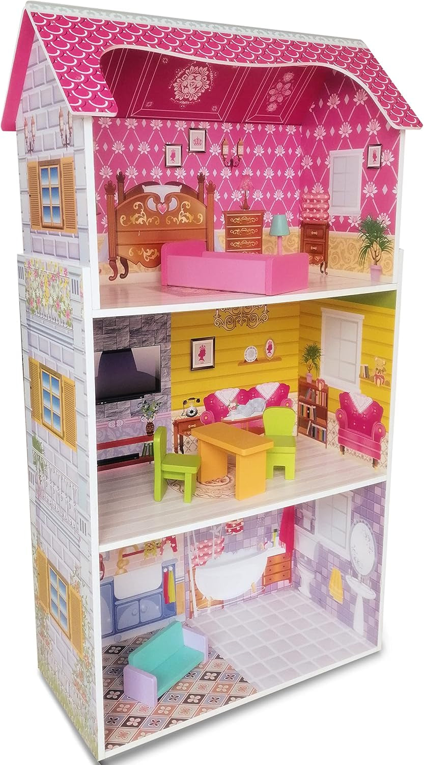 Teorema 40602 – 3-stöckiges 5-Zimmer-Puppenhaus aus Holz, 96 cm hoch, Möbel und Dekorationen, Naty Shop Puppenhäuser, Standardtitel