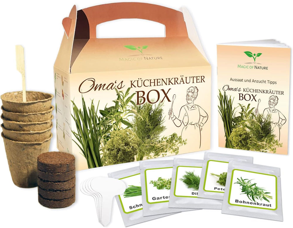 Magic of Nature Oma`s Küchenkräuter Box - Anzuchtset - 5 Sorten frische Kräuter Samen - Zum Selberzüchten oder zum Verschenken