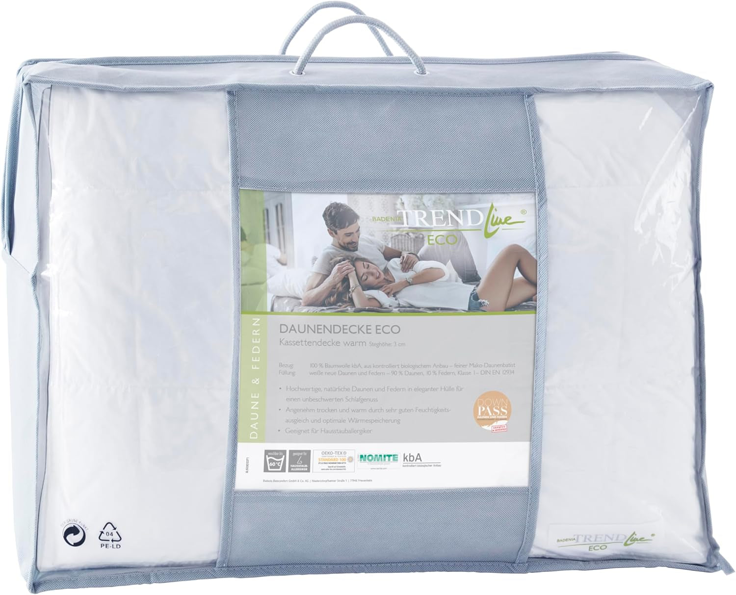 Badenia Trendline Eco warme Bettdecke mit 90 % Daunen und 10 % Federn Klasse I, 135 x 200 cm, weiß, Öko-Tex-zertifiziert, hergestellt nach dem deutschen Qualitätsstandard Steppdecken und Bettdecken Naty Shop