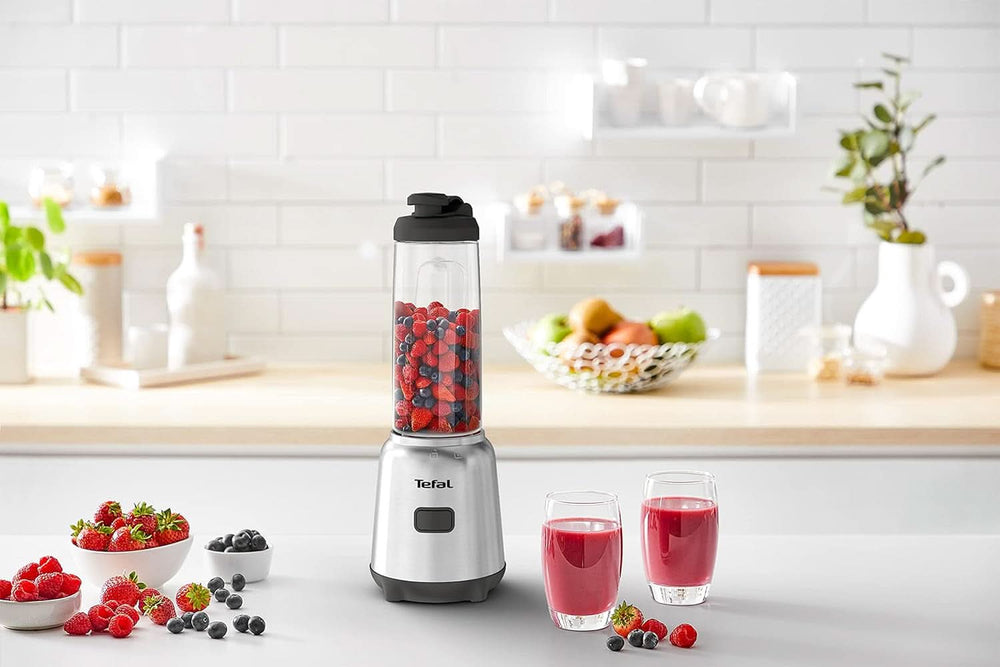 Tefal BL15FD Mix Und Move Mini-Standmixer, 300 Watt, 2 Flaschen To-Go in Premium Tritan, Kompaktes Design, Einfach Zu Reinigen, Abnehmbare Klingen, Einknopfbedienung, Silber/Grau Mutter und Kind Naty Shop