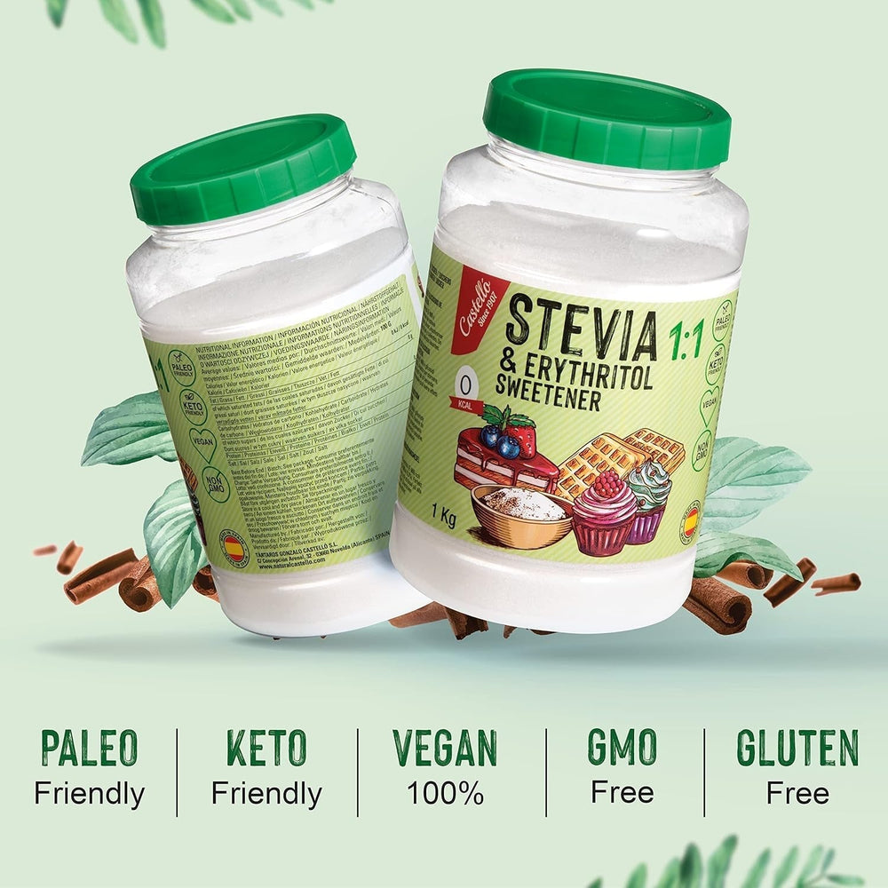 Stevia + Erythritol 1:1 Süßstoff | 1G = 1G Zucker | 100 % natürlicher Zuckerersatz – 0 Kalorien – 0 glykämischer Index – Keto und Paleo – 0 Netto-Kohlenhydrate – kein GVO – Castello seit 1907 – 1 kg Süßstoffe Naty Shop