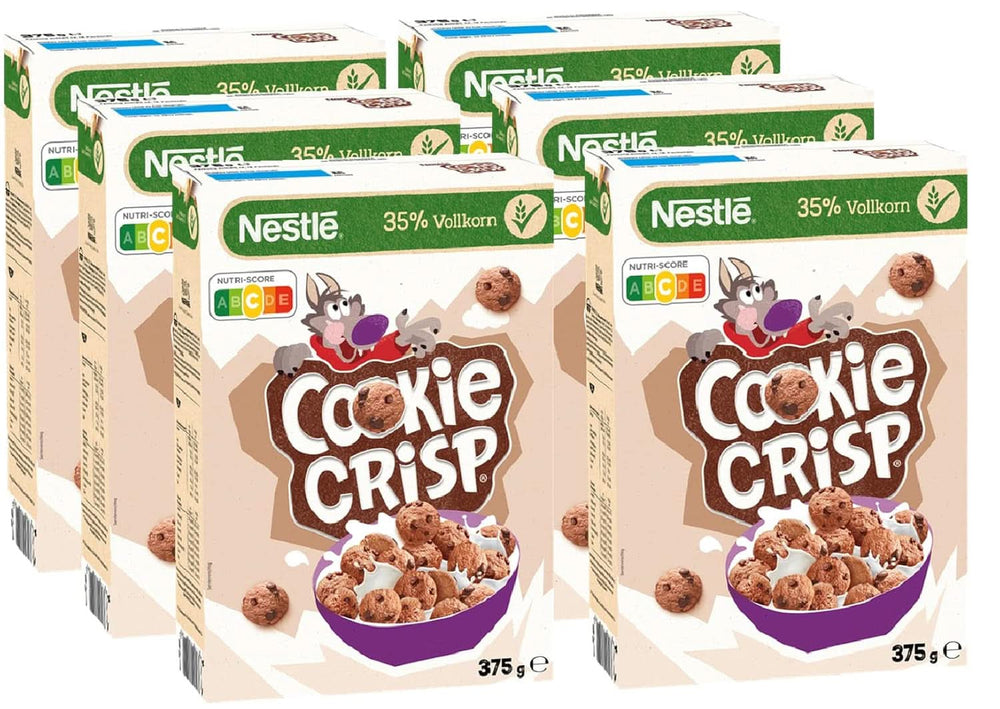 Cookie Crisp, Vollkornprodukte in Form von Keksen für das Kinderfrühstück, Packung mit 6 x 375 Gramm. Cereale Naty Shop Set 6 x 375 Gramm