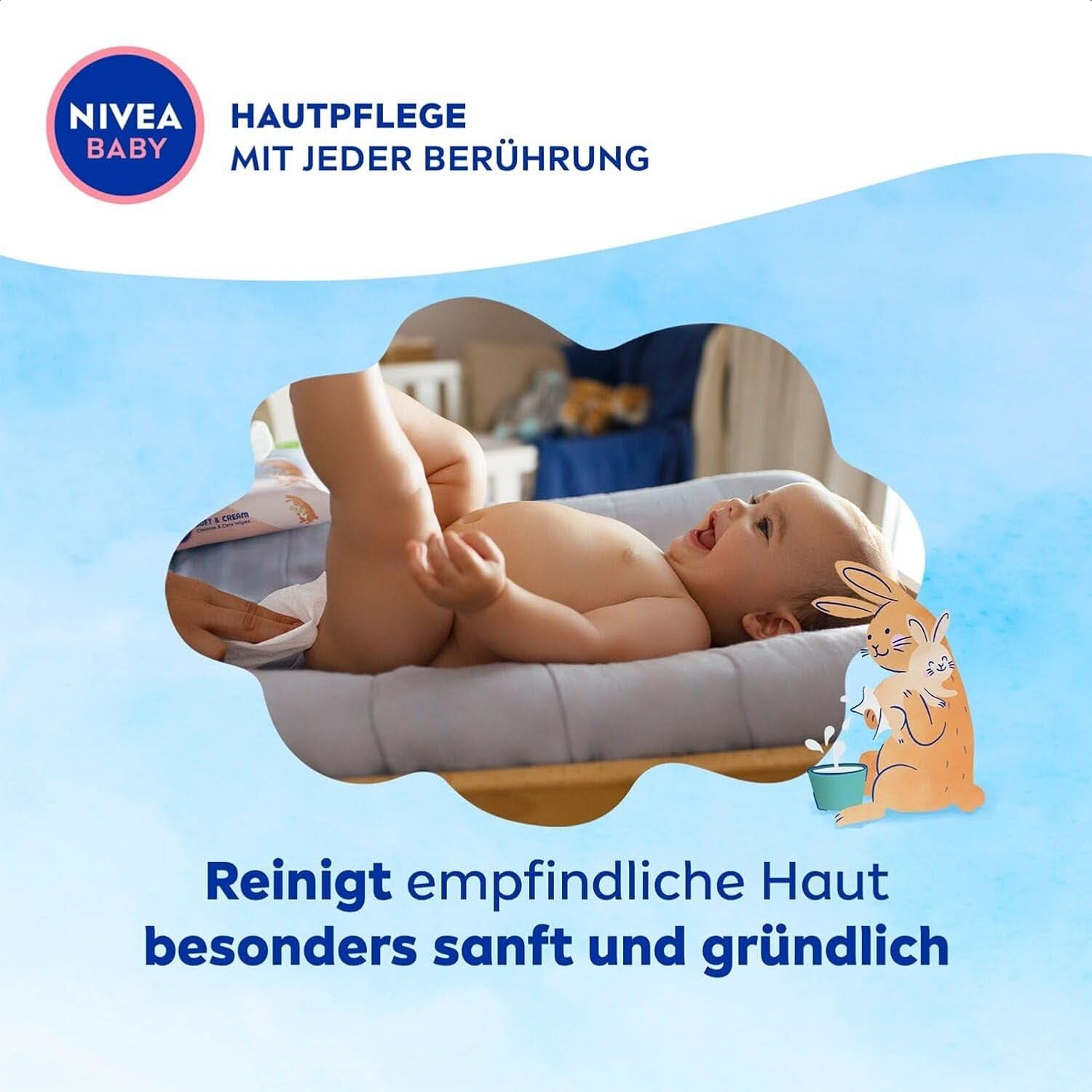NIVEA Baby AQUA Feuchttücher, Baby Feuchttücher Zur Sanften Reinigung Empfindlicher Haut, Hypoallergene Und Parfümfreie Feuchttücher Für Babys Mit 99% Wasser (1 X 57 Stück) Servetele Umede Bebelusi Naty Shop