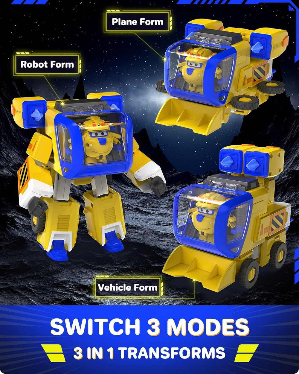 Super Wings EU750322 – Transformierender neuer Roboteranzug Donnie, ca. 23 cm große Actionfigur für Kinder, verwandelbares Spielzeugflugzeug und Roboter-Actionfigur, gelbe Actionfiguren, Naty Shop