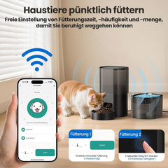 Hrănitor automat pentru pisici de 3 l, set fântână pentru pisici de 2,5 l, dispozitiv de hrănire de la distanță cu zgomot redus, controlat prin aplicație, cu 10 mese pe zi, design anti-blocare, ideal pentru pisici și căței