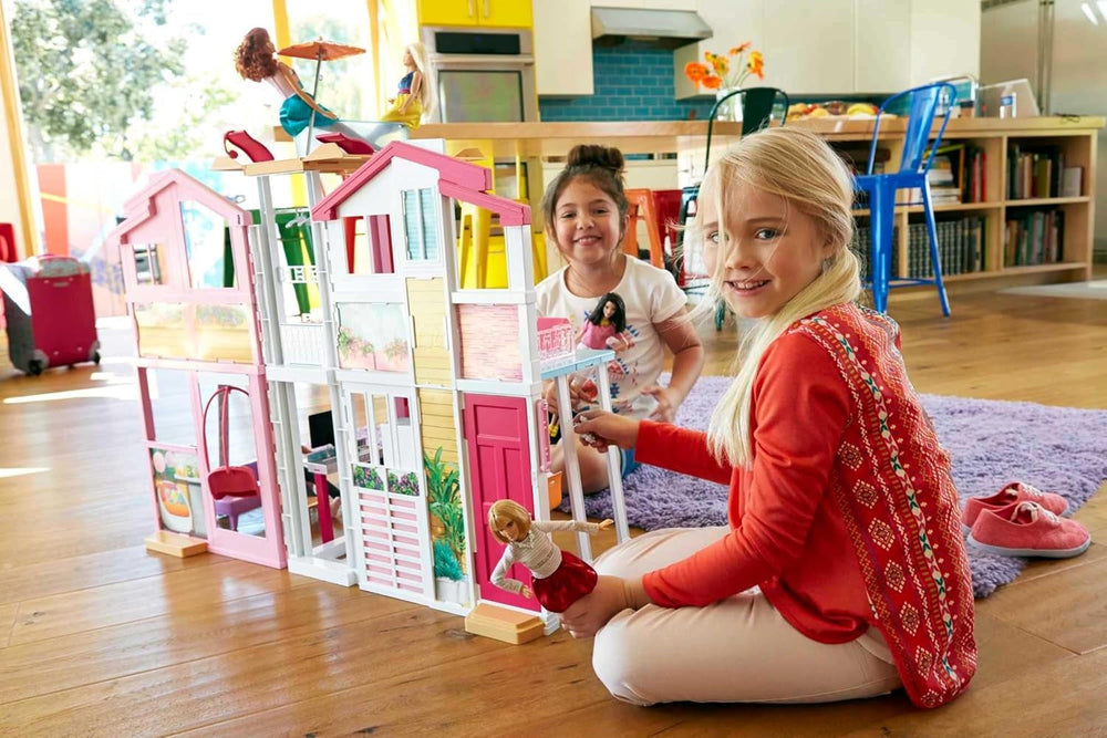 Casă de vis Barbie, Casă de oraș cu 3 etaje și 5 camere, inclusiv accesorii precum mobilier, pliabilă și depozitabilă, jucărie pentru vârste de 3 ani și peste, DLY32
