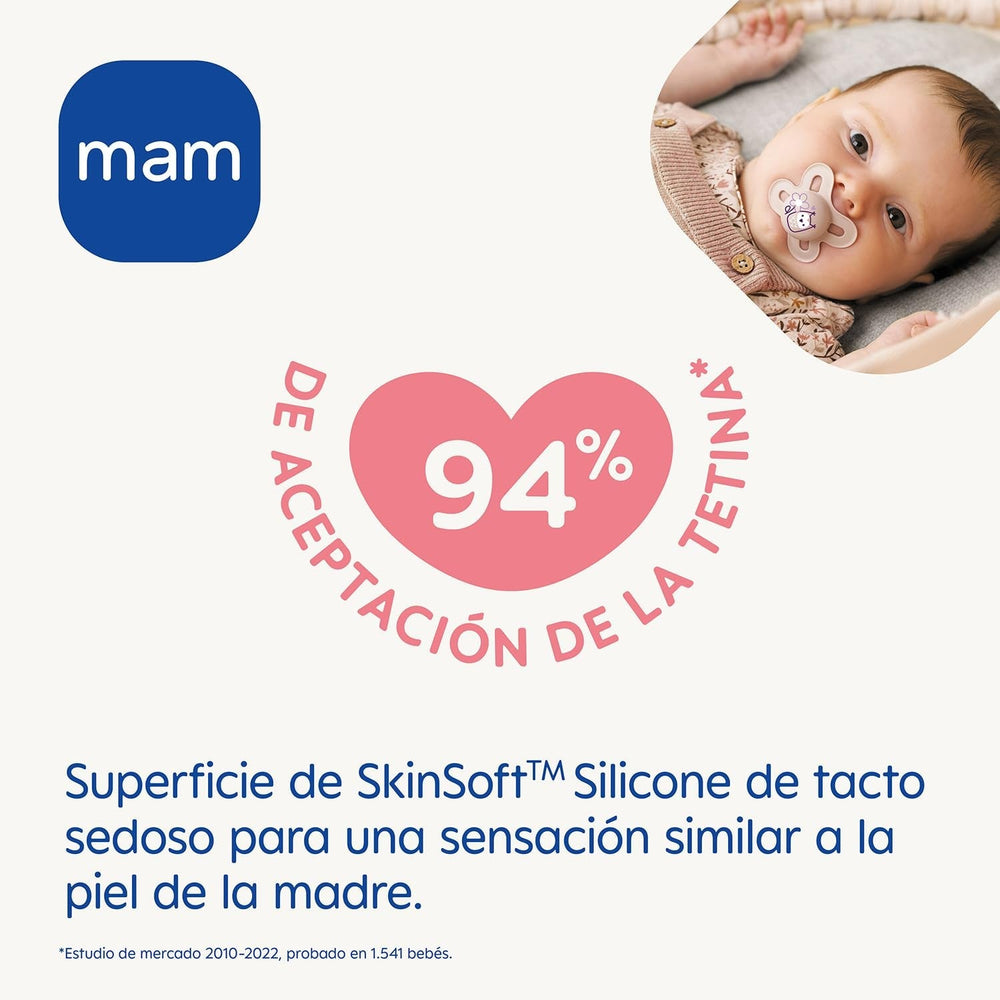 Suzetă MAM pentru nou-născuți, 0-2 luni, cu tetină simetrică, plată și flexibilă, din silicon moale, ușor de utilizat, cu cutie autosterilizabilă, Originală, neutră mată, 2 bucăți