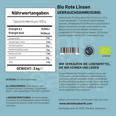 Wholefood Earth Bio-gespaltene rote Linsen, 3 kg, gentechnikfrei, vegan, reich an Ballaststoffen, reich an Proteinen, aus zertifiziertem biologischem Anbau