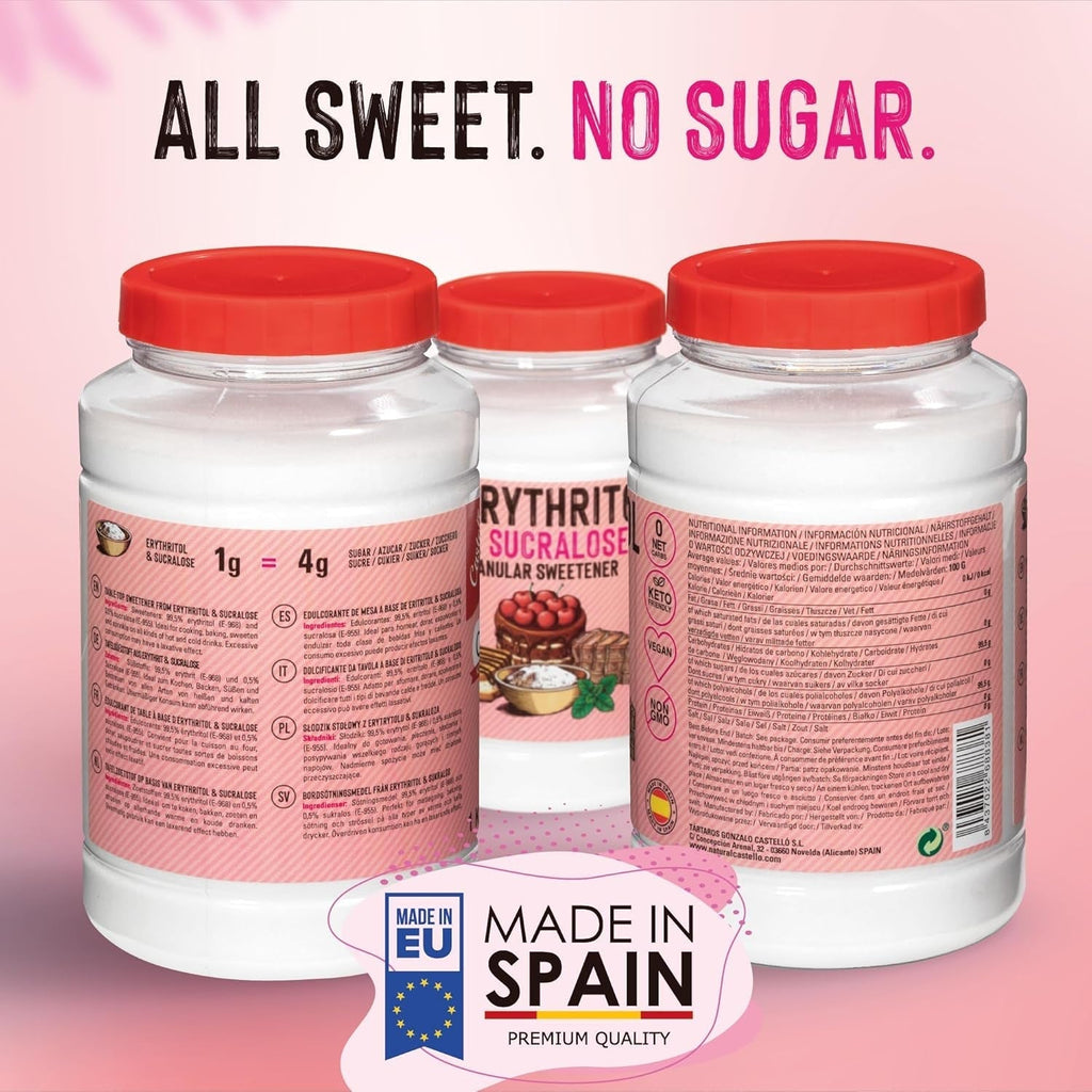 Erythrit + Sucralose 1:4 Süßstoff | 1G = 4G Zucker | 0 Netto-Kohlenhydrate - 0 Kalorien - 0 Glykämischer Index - Keto - Kein GVO - Castello since 1907 - 1 Kg Indulcitori Naty Shop