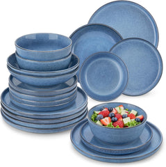 Steingut Geschirrset 6 Personen, vancasso ANYA Blau Teller Set Modern 24 teilig,Tafelservice mit Speiseteller, Suppenteller, Desserttellern, Schüsseln, Geschirr Set Spülmaschinen und Mikrowellenfest