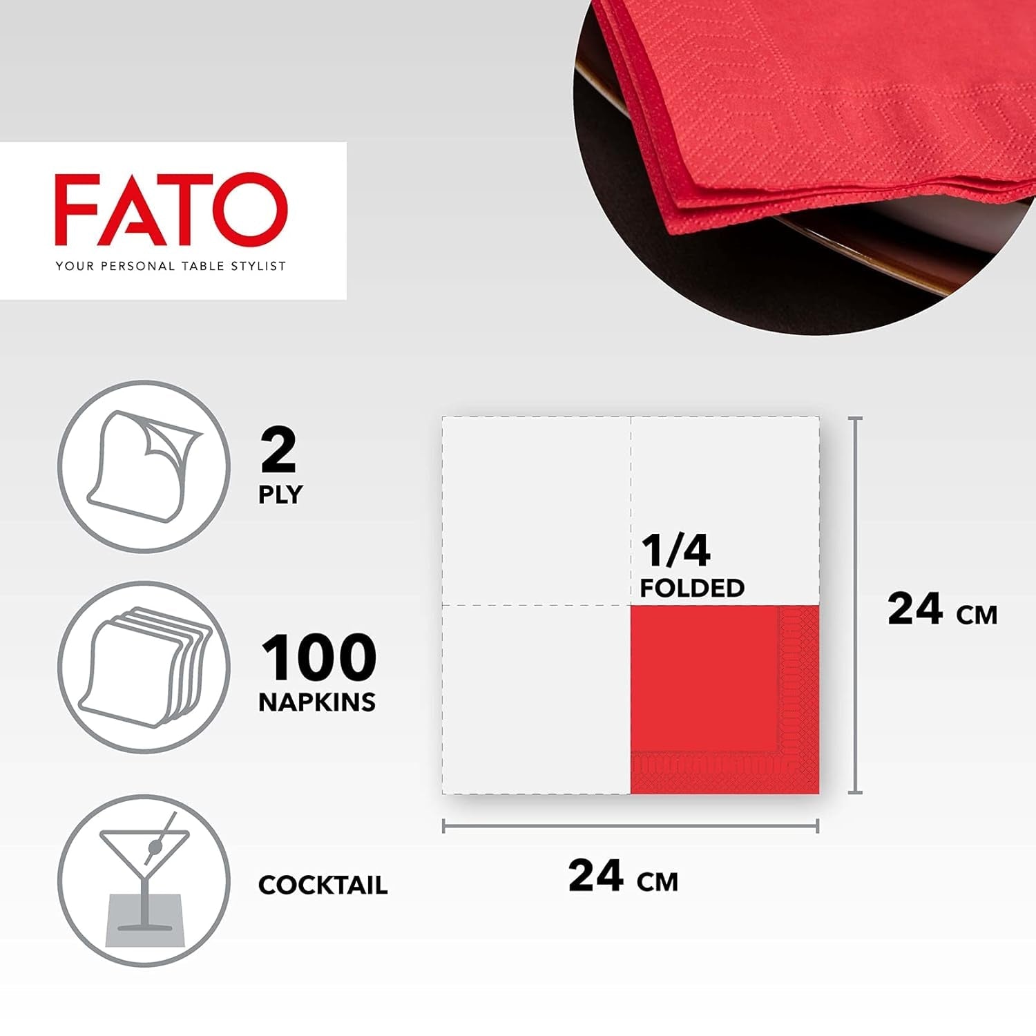 - Șervețele de hârtie de unică folosință, ideale pentru aperitive și cocktailuri, pachet cu 100 de șervețele, dimensiune 24X24, pliate 4 ori, 2 straturi, culoare roșu, 100% hârtie din celuloză pură, certificat Fsc