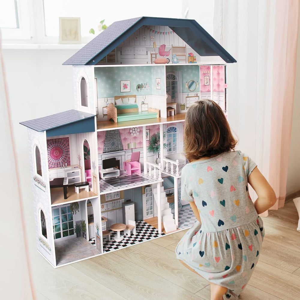 Casă de păpuși din lemn Deqube, 4 etaje, casă de păpuși cu decor diferit și îngrijit în fiecare cameră, cu 17 accesorii - Dimensiune 135 X 36 X 128 Cm (913D00016) Casute de papusi Naty Shop