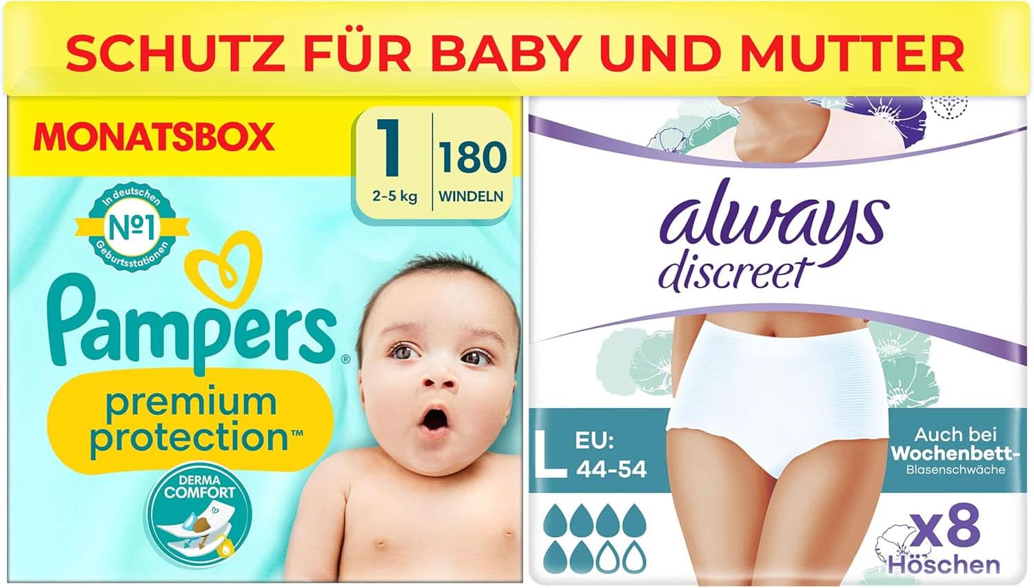 Paket Pampers Größe 1 (Neugeborene) und Always Discreet L, Einweghöschen für Mütter, Inkontinenz und Mutter und Kind nach der Geburt Naty Shop