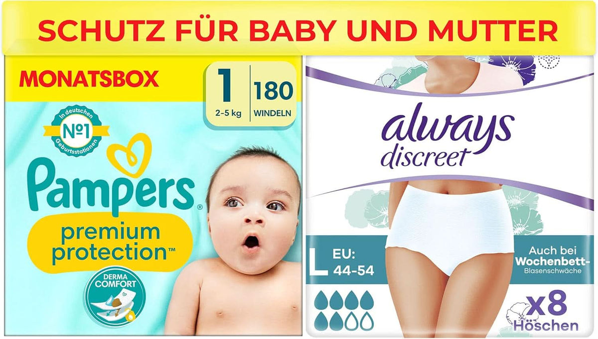 Paket Pampers Größe 1 (Neugeborene) und Always Discreet L, Einweghöschen für Mütter, Inkontinenz und Mutter und Kind nach der Geburt Naty Shop