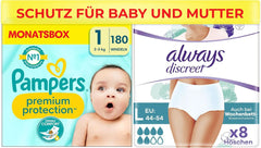 Paket Pampers Größe 1 (Neugeborene) und Always Discreet L, Einweghöschen für Mütter, Inkontinenz und Mutter und Kind nach der Geburt Naty Shop