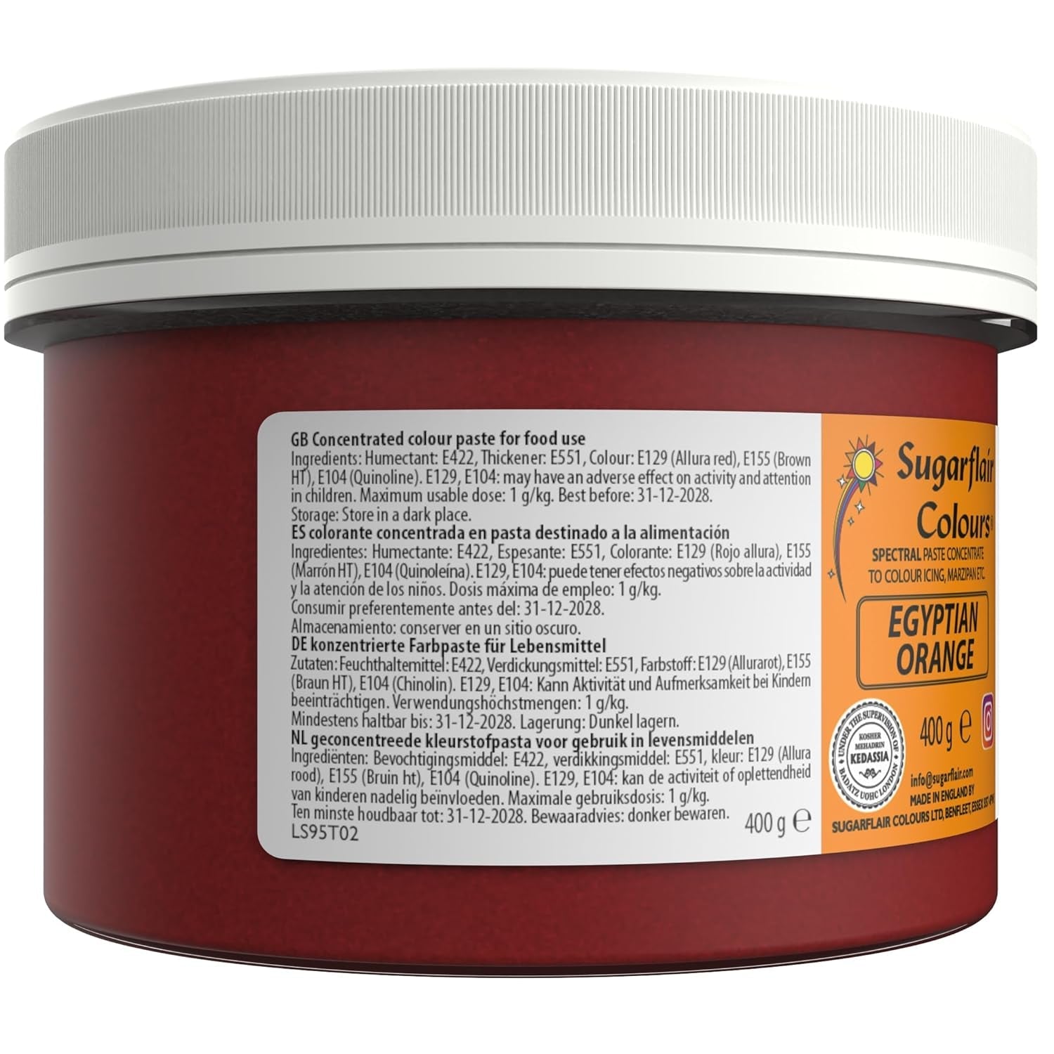 Colorant alimentar Sugarflair pentru paste, portocaliu egiptean, colorant alimentar pentru paste, fondant și marțipan, coloranți concentrați Spectral - 400 g