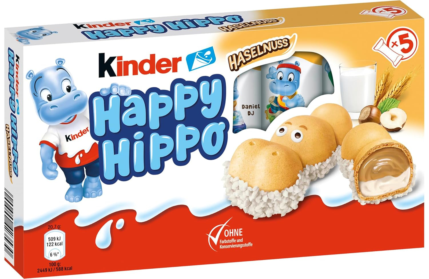 Kinder Happy Hippo Hazelnut – Specialitate crocantă de napolitane cu lapte și cremă de alune – Dulciuri pentru Carnaval și Mardi Gras – 1 pachet conținând 5 batoane individuale a câte 20,7 g fiecare