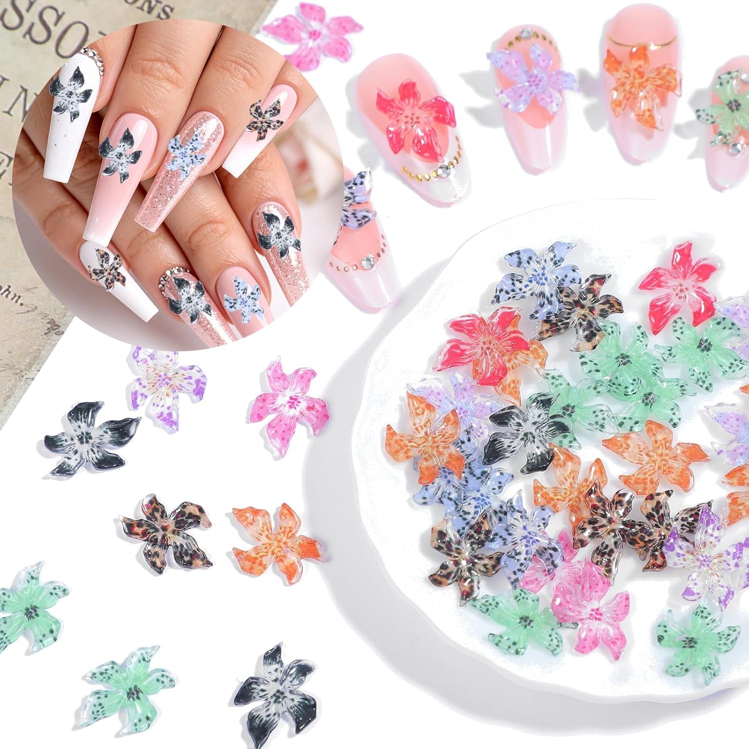 50 Pcs 3D Blumen Nägel Nail Charms Bunt Gelee Weich Kleber Lilie Flower Blume Nagel Hibiscus Zubehör Nageldesign Eis Kristall Geprägt Farbverlauf Lilien Für Mädchen Frauen Diy Basteldekoration
