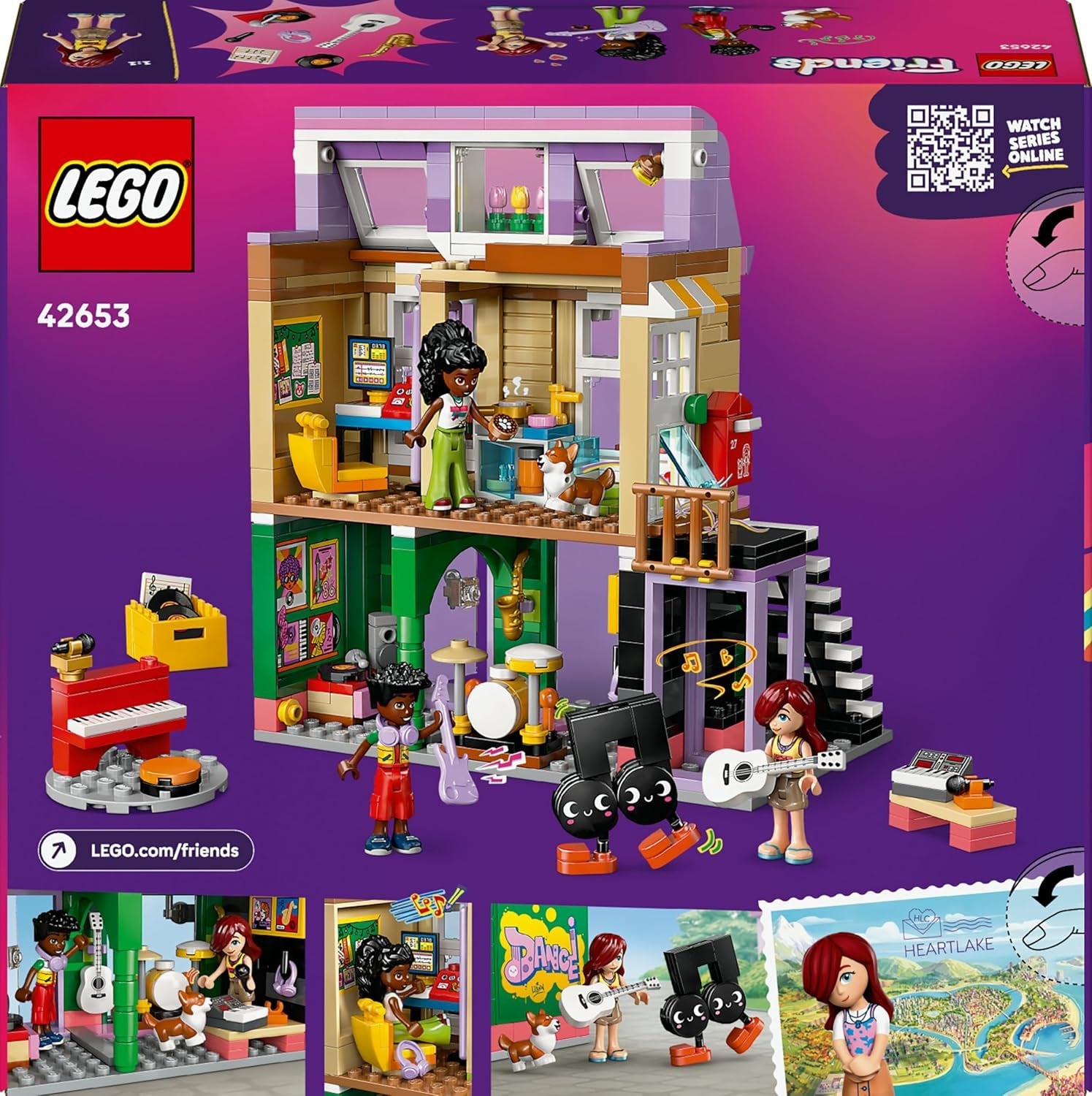 LEGO Friends Musikladen & Wohnung - Spielzeug mit 3 Mini-Puppen, Einer Corgi Tierfigur und Musikinstrumenten wie Klavier, Schlagzeug, Gitarren & Zubehör - Geschenk für Mädchen ab 7 Jahren - 42653