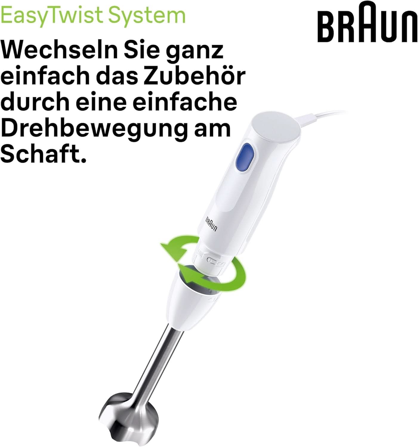 Braun Stabmixer MQ10.001M Multiquick 1 - Extra Light Pürierstab Mit Edelstahl-Mixfuß Und Easytwist System, Inkl. 600 ml Mix- & Messbecher, 450 Watt, Weiß Mutter und Kind Naty Shop