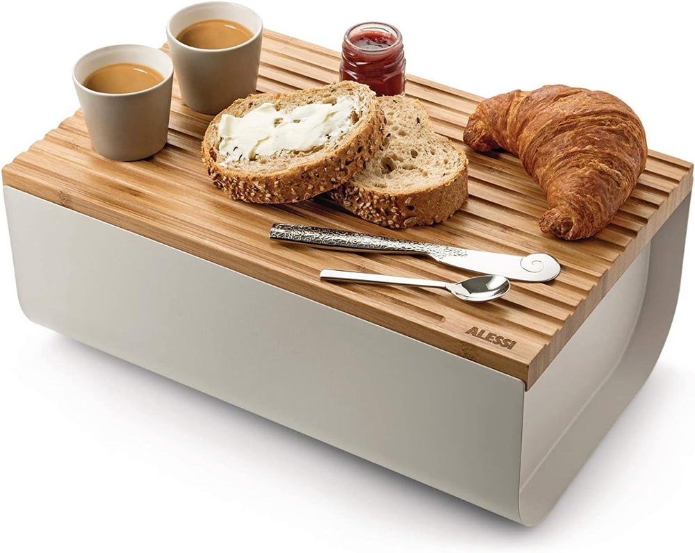 Alessi Mattina BG03 WG - Coș pentru pâine din oțel inoxidabil cu rășină epoxidică și lemn de bambus, gri cald Cutii depozitare alimente Naty Shop