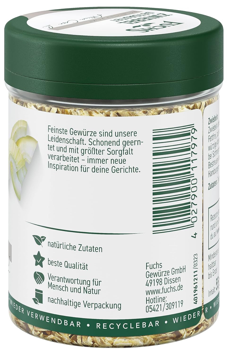 Fuchs Gewürze - Zwiebel getoastet - fein gehackte Zwiebeln für Dips, Schmorgerichte oder Hamburger - natürliche Zutaten - 55 g in wiederverwendbarer, recyclebarer Dose