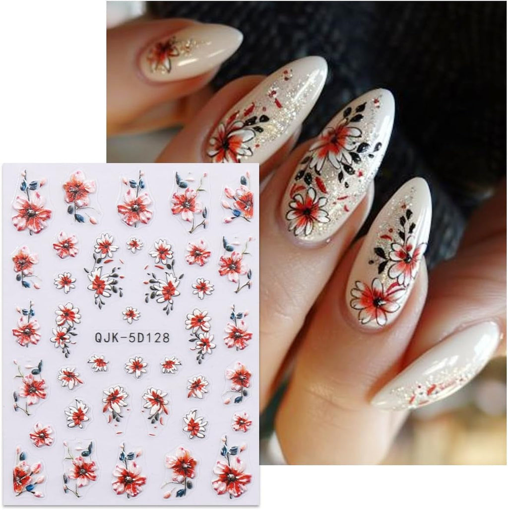 JMEOWIO 3D Nagelsticker Blumen Nail Art Sticker Selbstklebend Nagelaufkleber 5D Stereoskopisch Frühling Sommer Dekoration Nageldesign Zubehör 4 Blatt