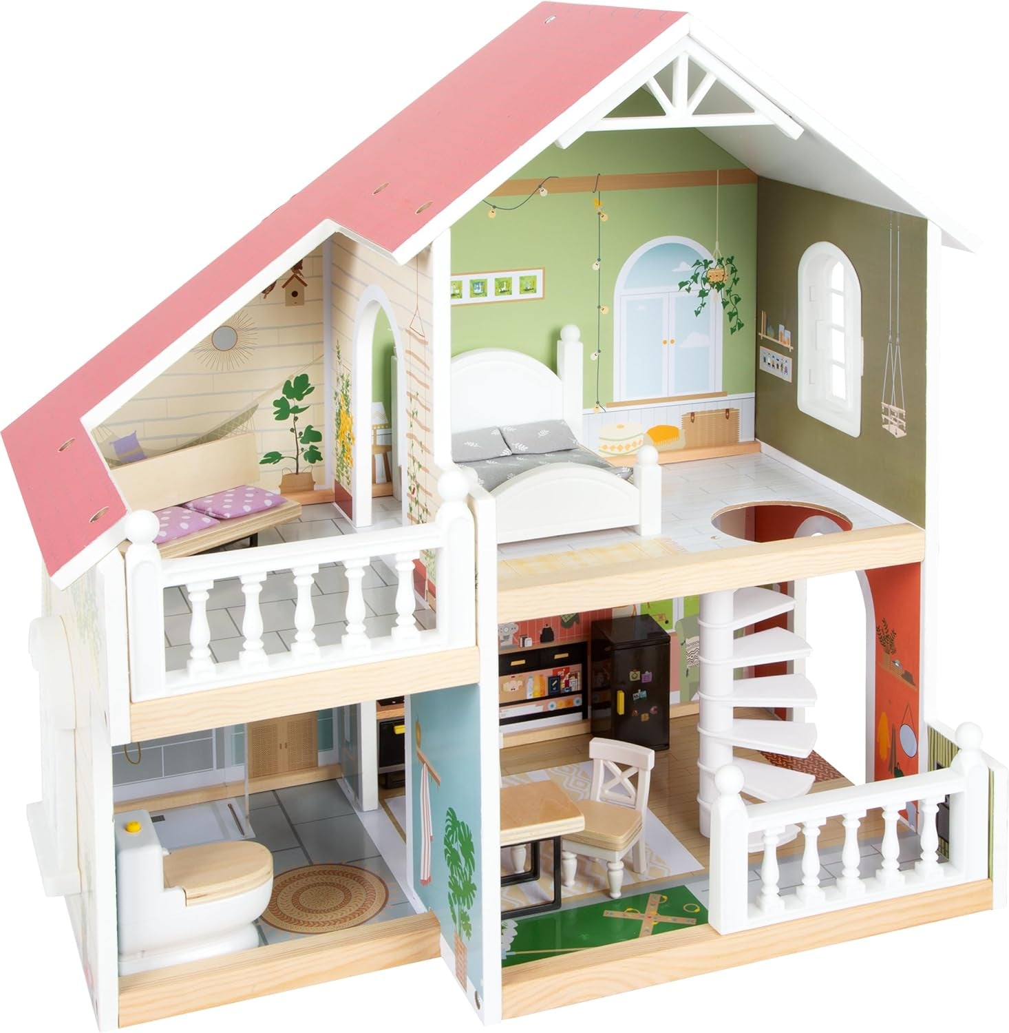 Small Foot Puppenhaus 3-stöckiges Reihenhaus aus Holz mit offener Vorderseite und 12 Möbeln für Kinder ab 3 Jahren 11802 Weißgrau Puppenhäuser Naty Shop Puppenhaus mit Dach