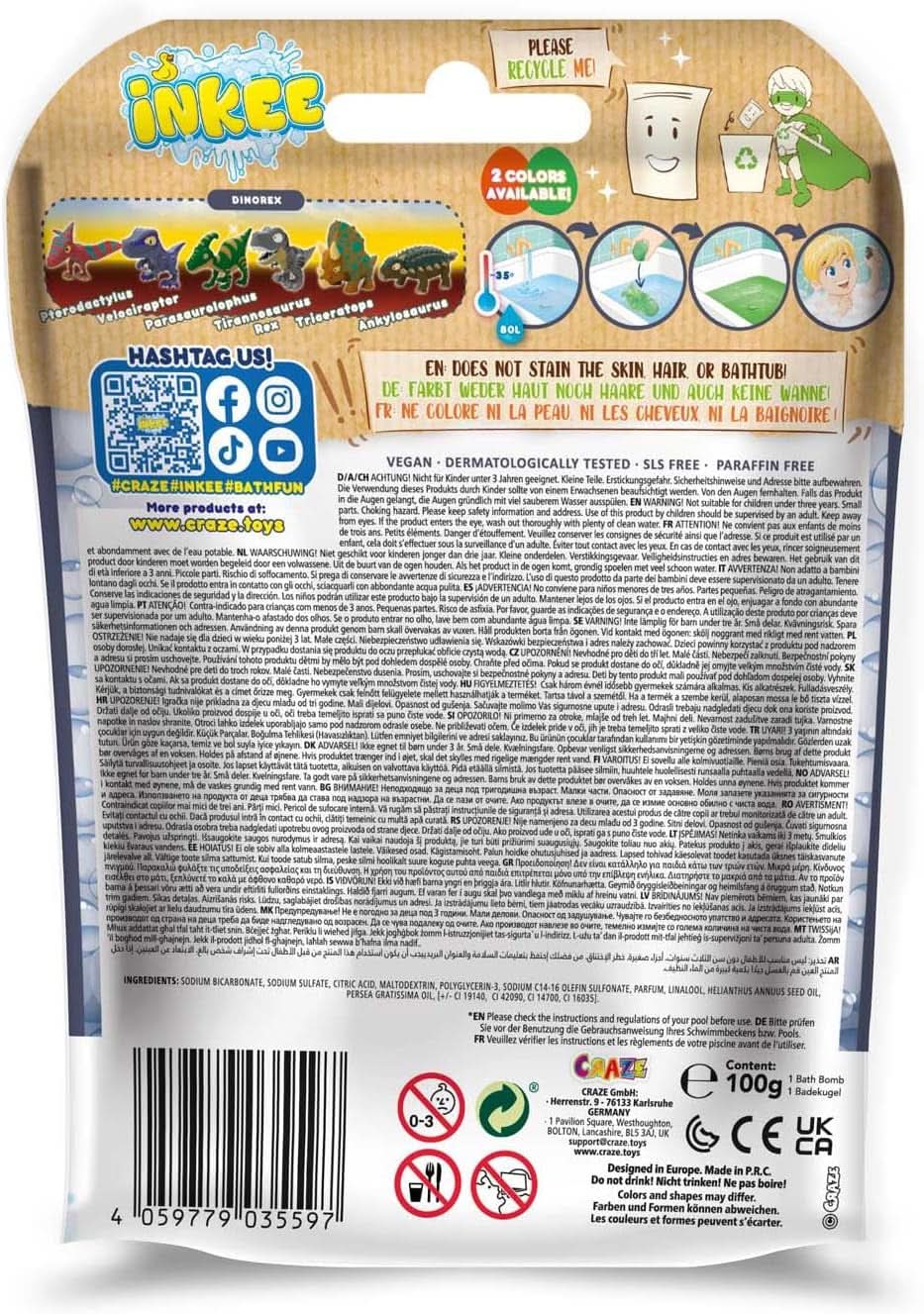 INKEE SURPRISE DINO, bombă de baie în formă de oucu figuri de dinozaur si surprize, 100 grame Duș și baie Naty Shop
