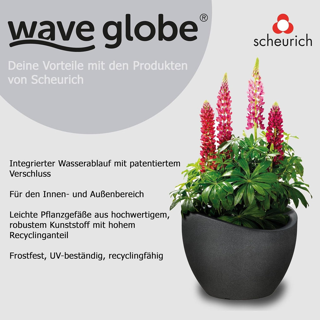 Ghiveci Scheurich Wave Globe, din plastic, granit negru, diametru 30 cm, înălțime 22 cm, volum 19 l.