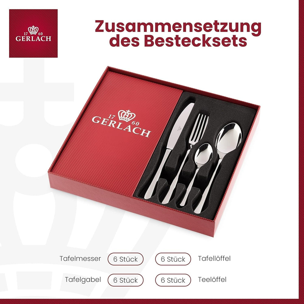 Gerlach Muza Shiny Besteckset, Edelstahl, glänzendes Silber, 24-teilig, Küche Naty Shop